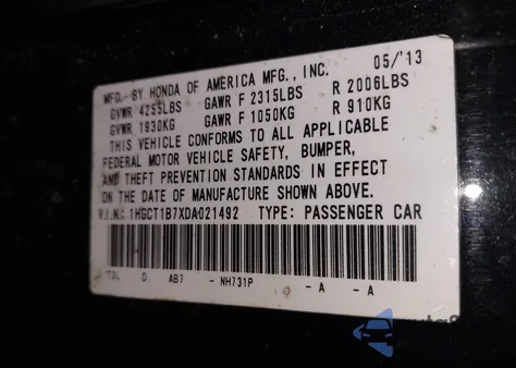 2013 Honda Accord Ex from USA, damaged, VIN 1HGCT1B7XDA021492